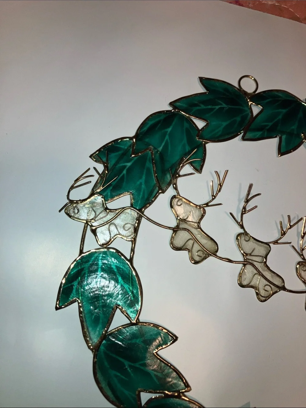 Capiz Shell Vintage Green Leaf Wreath with Gold Reindeer Garland 7”